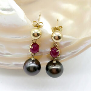 solid 14k gold ruby tahitian black pearl earrings