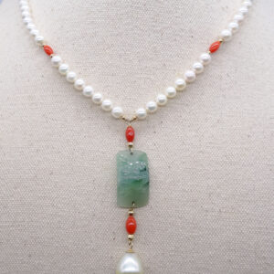solid 18k gold akoya pearl, jade, coral, and south sea pearl necklace 170395